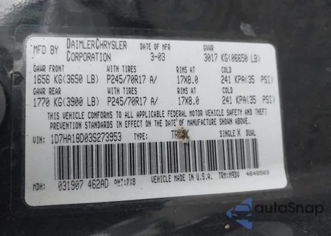 2003 Dodge Ram 1500 Slt/Laramie/St из США, поврежденный, VIN 1D7HA18D03S273953